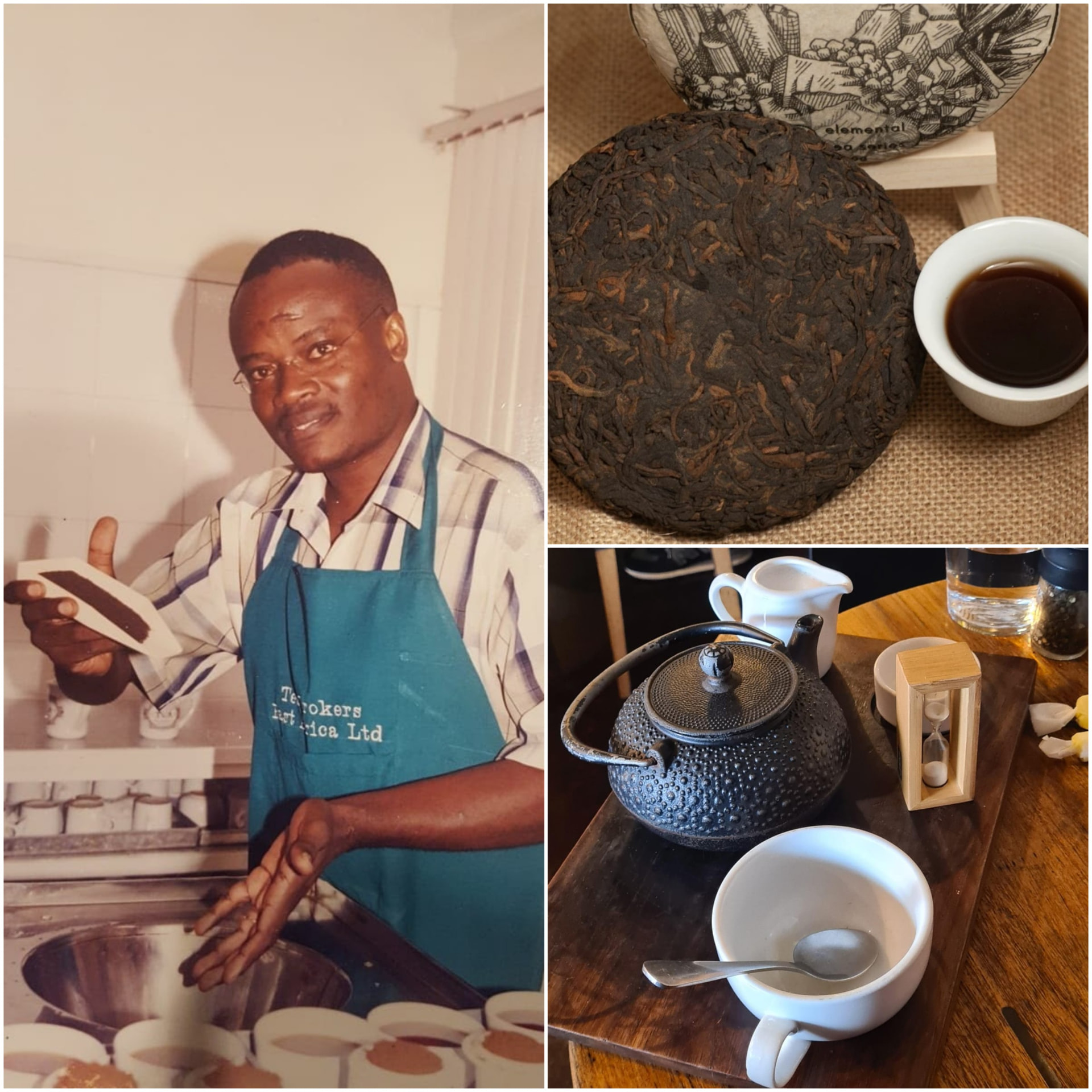 Francis Wanaswa in the tea room, with pu-erh cake and cast-iron teapot